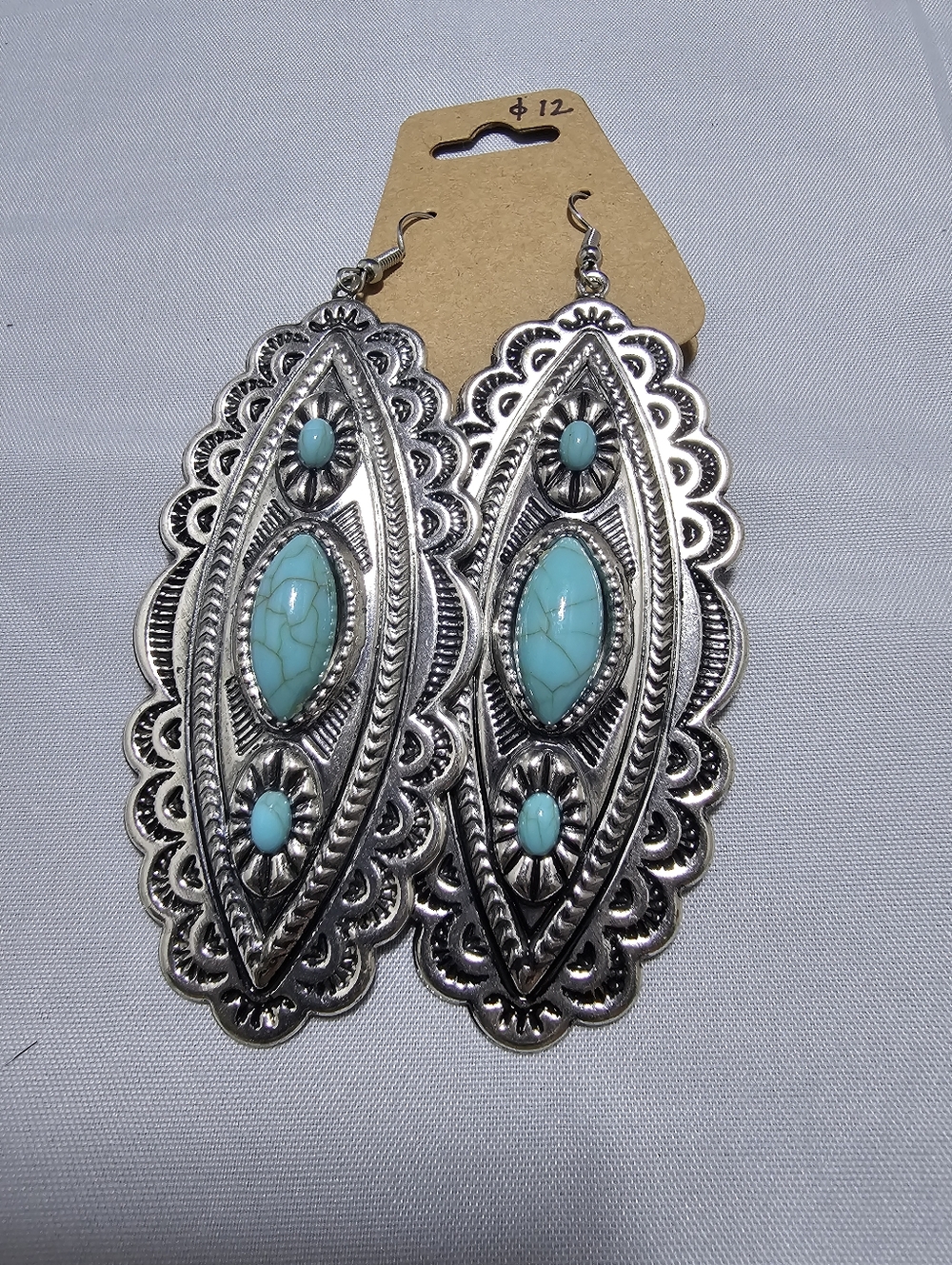 Turquoise Stone Filigree Drop Earrings - Silver Tone Women Jewelry